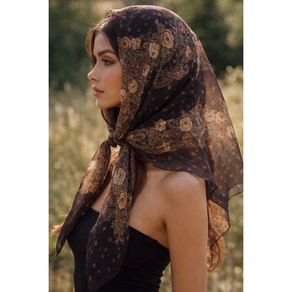 Accessories - Vintage Silk Style Sheer Black Chiffon Floral Paisley Borde Print Scarf Headwrap